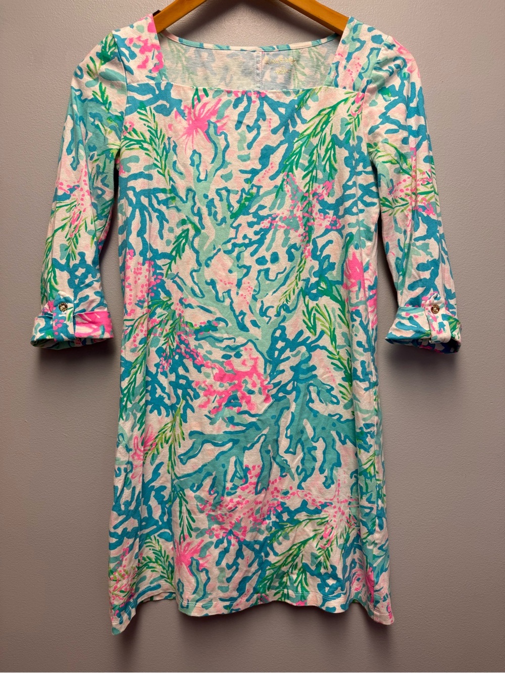 Lilly Pulitzer XS Blue Pink Coral Print 3/4 Sleeve Square Neck Cotton Dress Mini